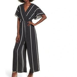 Leith Striped Short Sleeve Wide Leg Deep V-Neck Jumpsuit